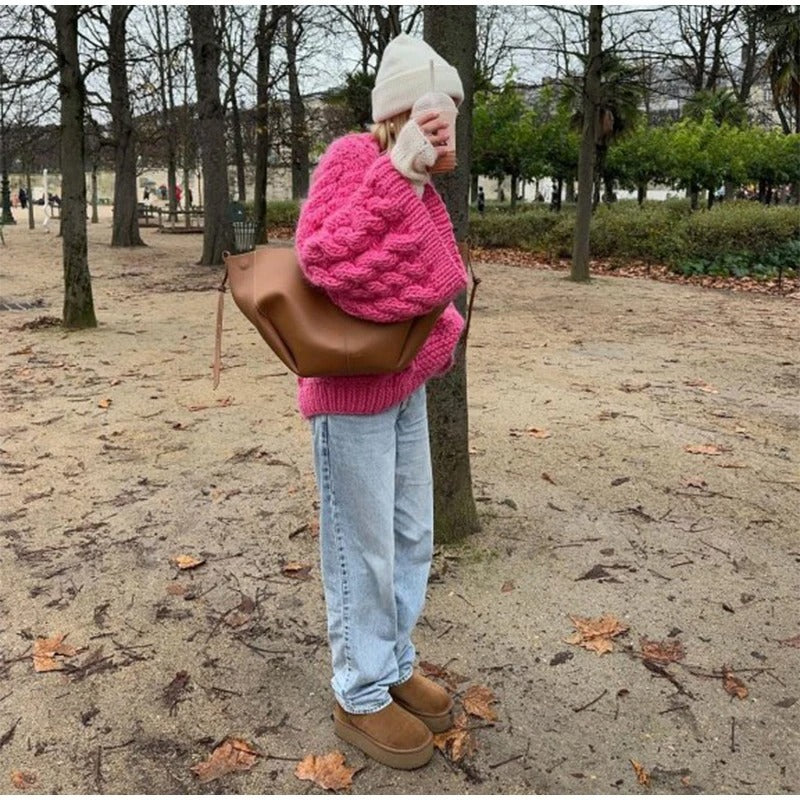 Loose Knit Cable Lantern Sleeve Sweater