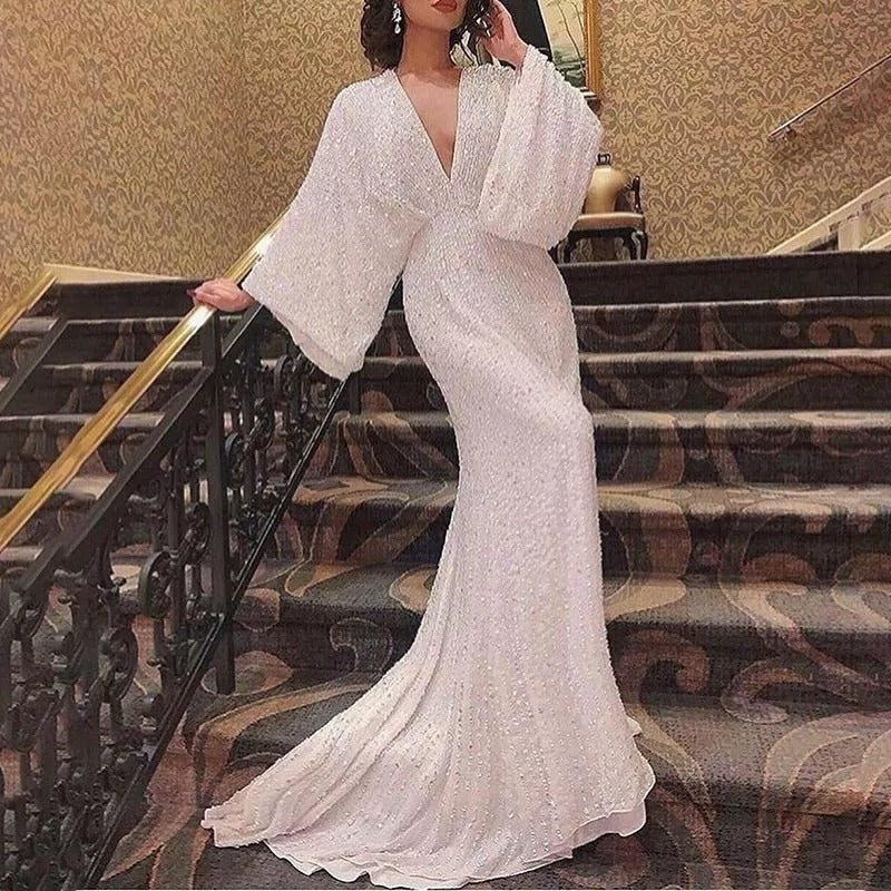 V-neck floor-length long-sleeved sequined fishtail banquet elegant long dress