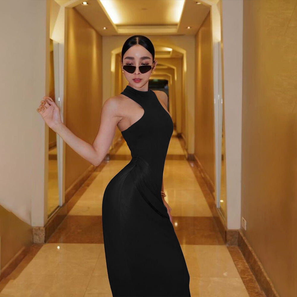 Round Neck Sleeveless Slim Fit Splicing Long Skirt Fashion Hollow Dress