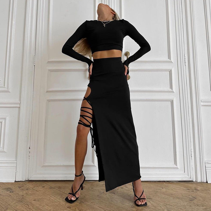 Solid Color Long Sleeve Round Neck Top Slim Fit Tie Skirt Set