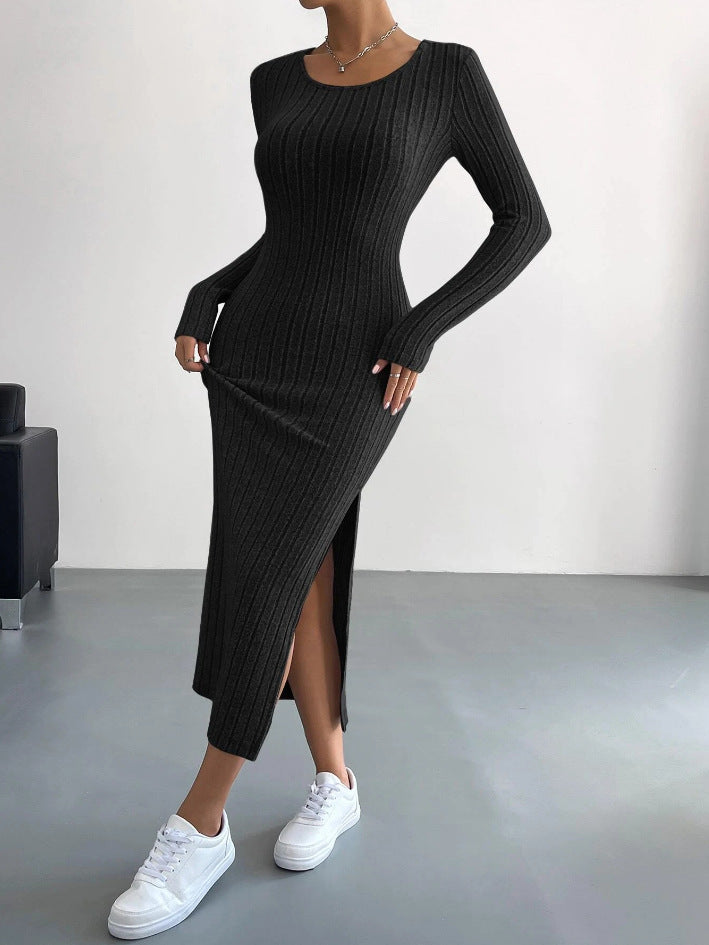 Long Sleeve Round Neck Slit Knit Long Dress