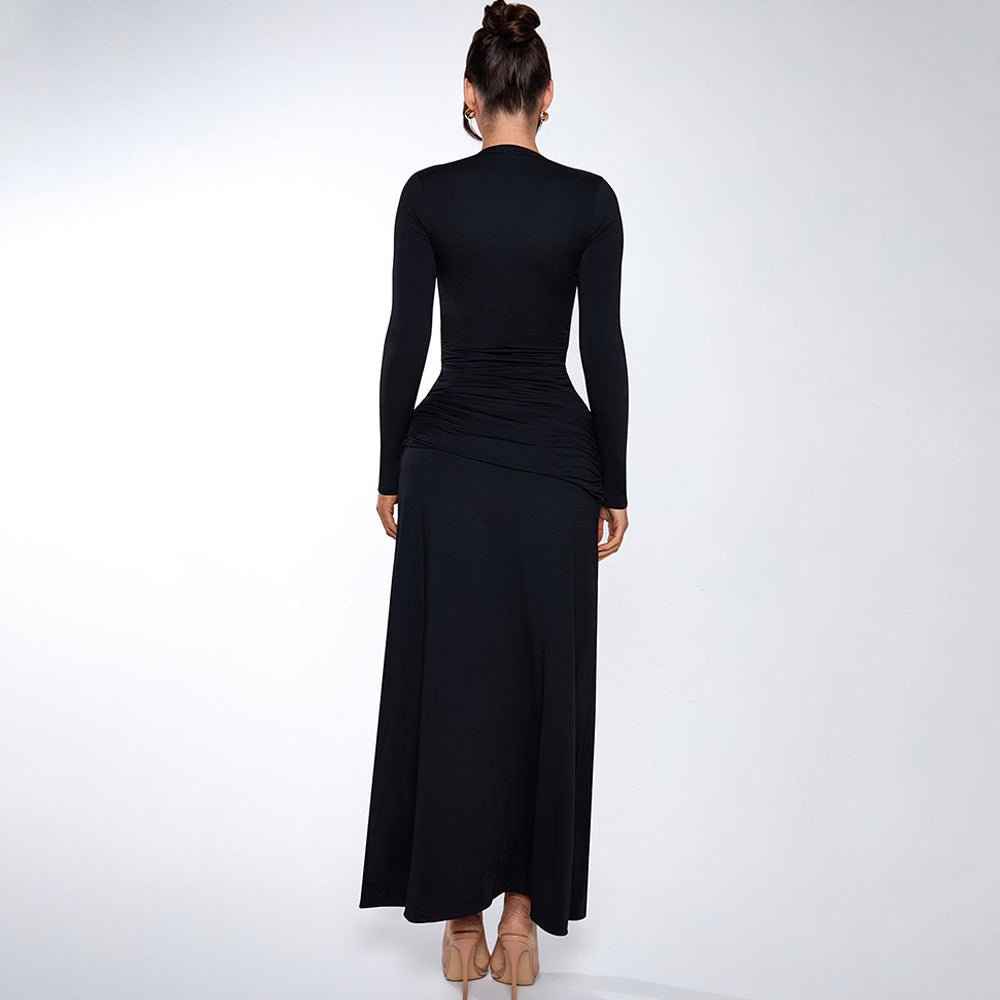 Long Sleeve Gathered Deep V Neck Maxi Dress Sexy High Slit Fitted Dress