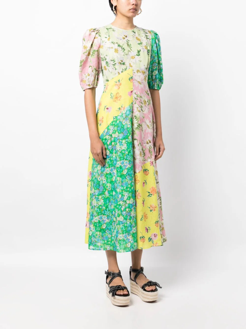 Printed puff sleeves elegant slim-fitting swing dress