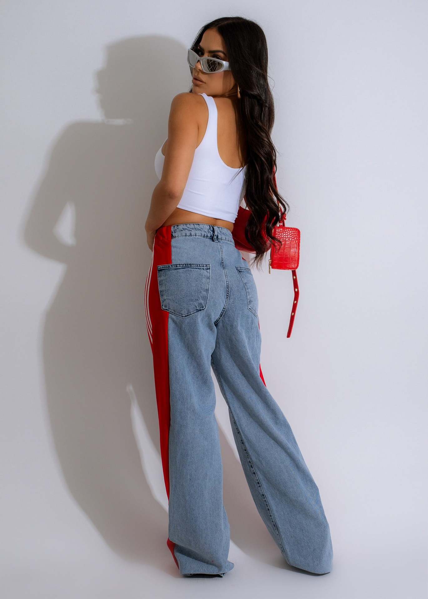 Three-striped wide-leg denim trousers Casual high-waist stretch straight trousers
