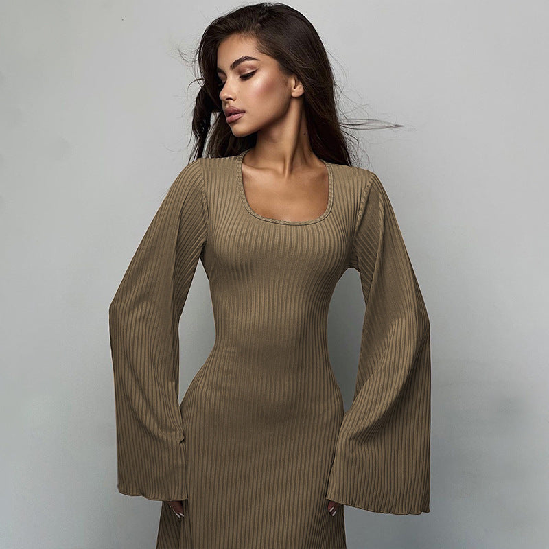 Arabic Loose U-neck Back Tie Long Sleeve Dress