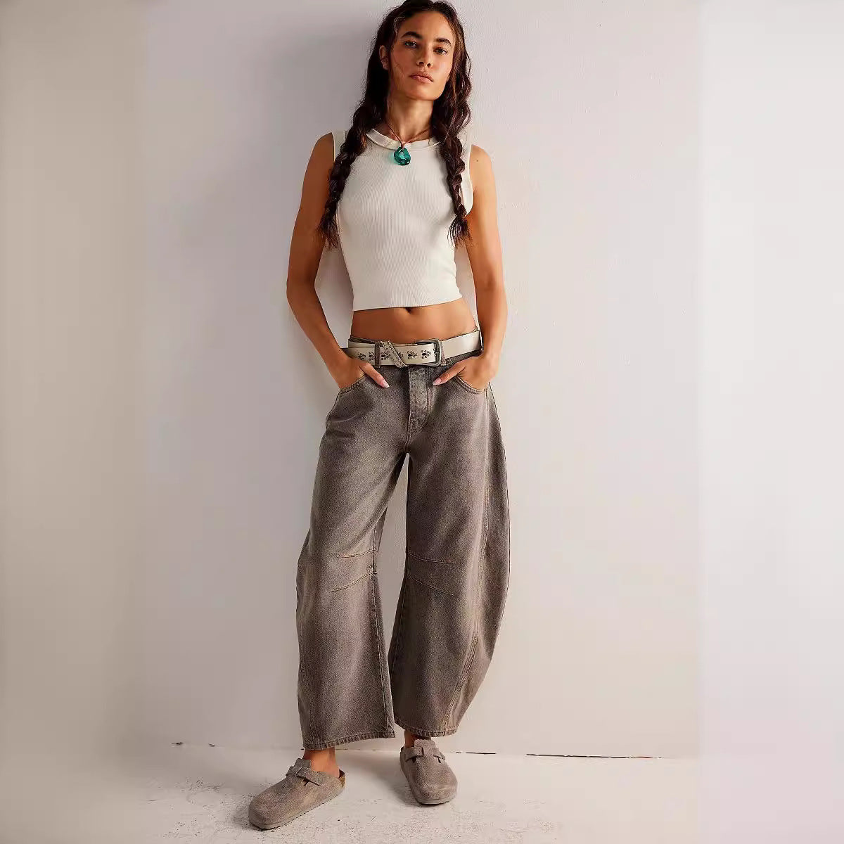 Spring Autumn Casual Loose Mid-Rise Tube Jeans for Women