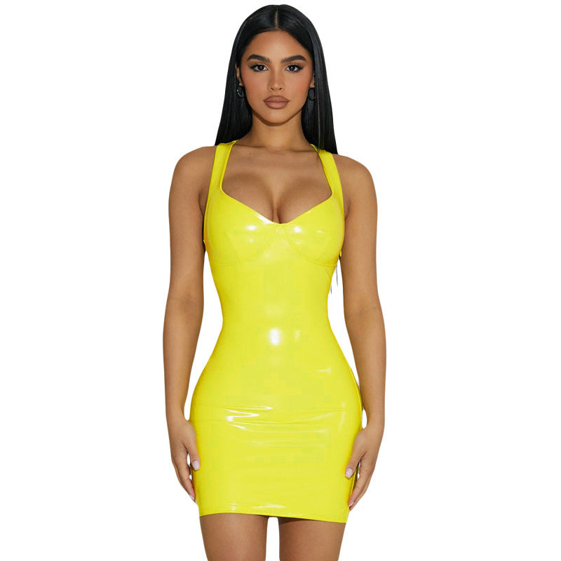 Sexy V-neck PU shiny slim waist hip suspender dress