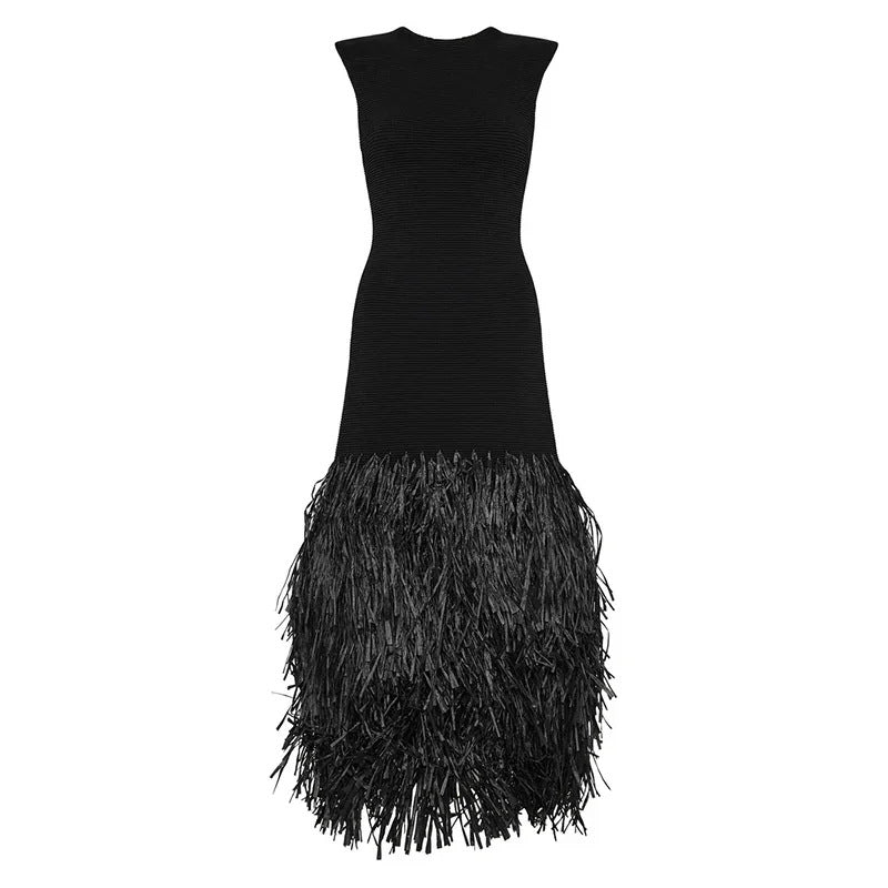 Solid color raffia patchwork knitted midi dress
