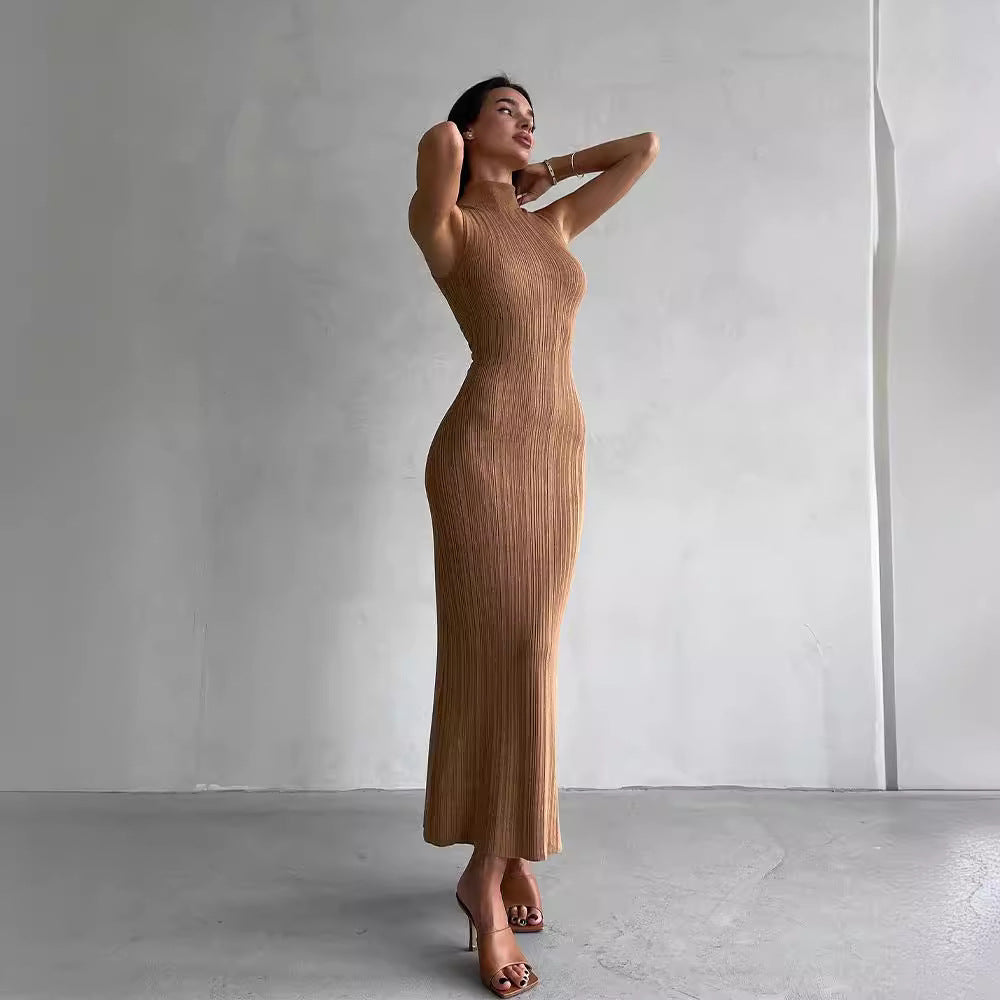 Knitted Turtleneck Sleeveless Bodycon Midi Elegant French Dress