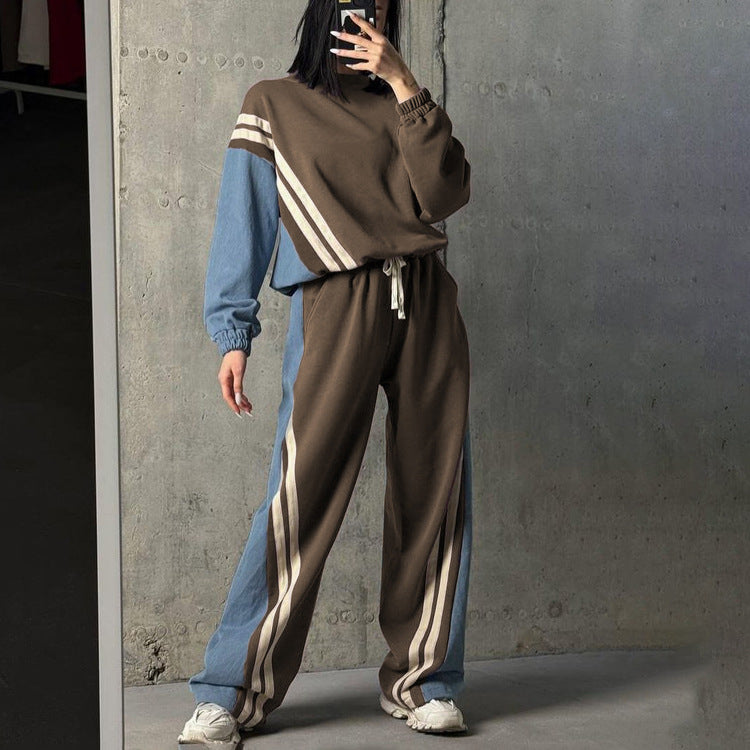 Sporty style contrast color striped sweatshirt pullover top drawstring trousers two-piece set