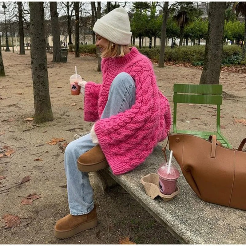 Loose Knit Cable Lantern Sleeve Sweater