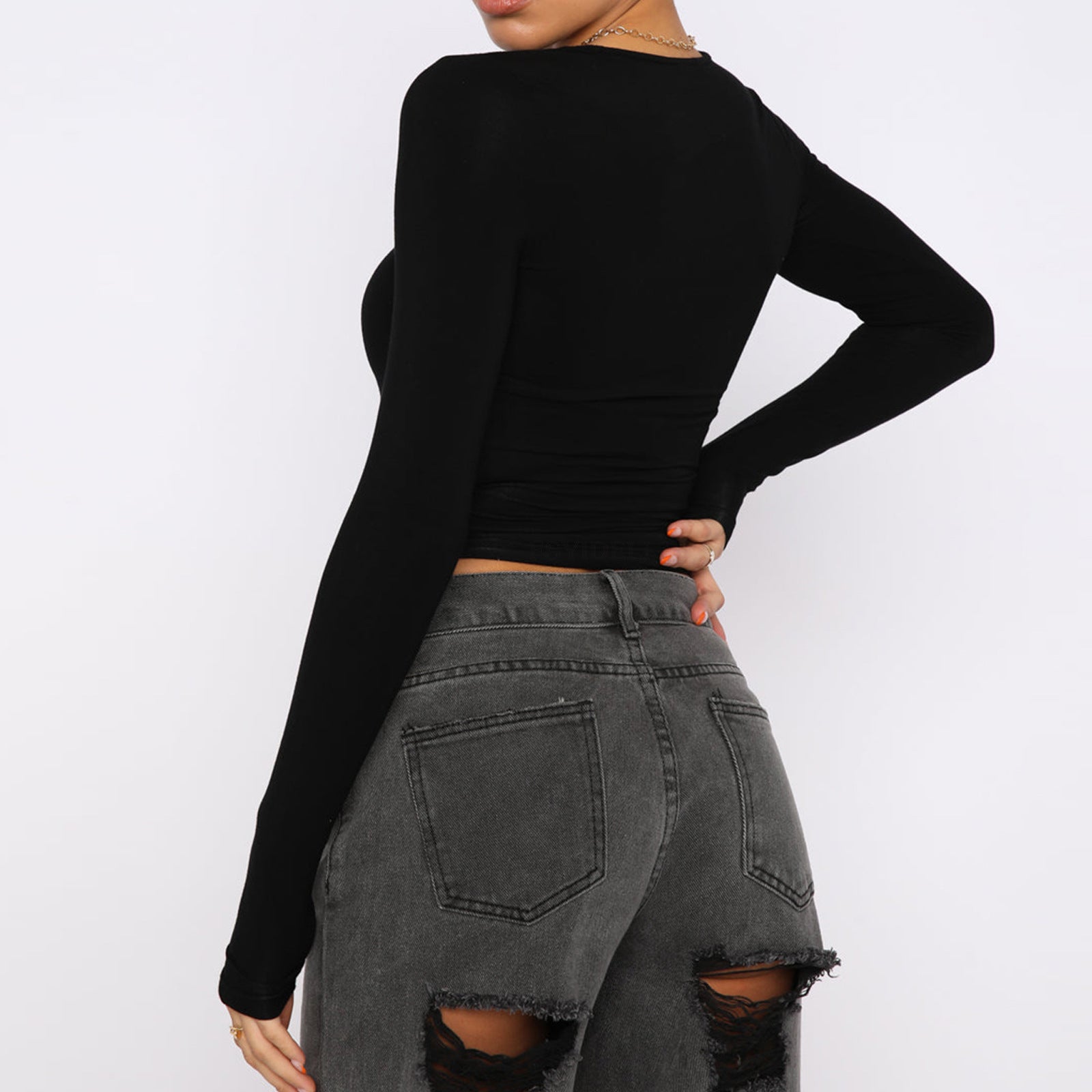 Solid color bottoming round neck slim fit long sleeve top T-shirt