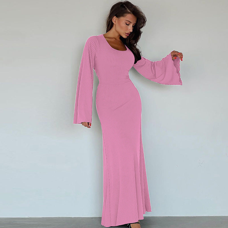 Arabic Loose U-neck Back Tie Long Sleeve Dress