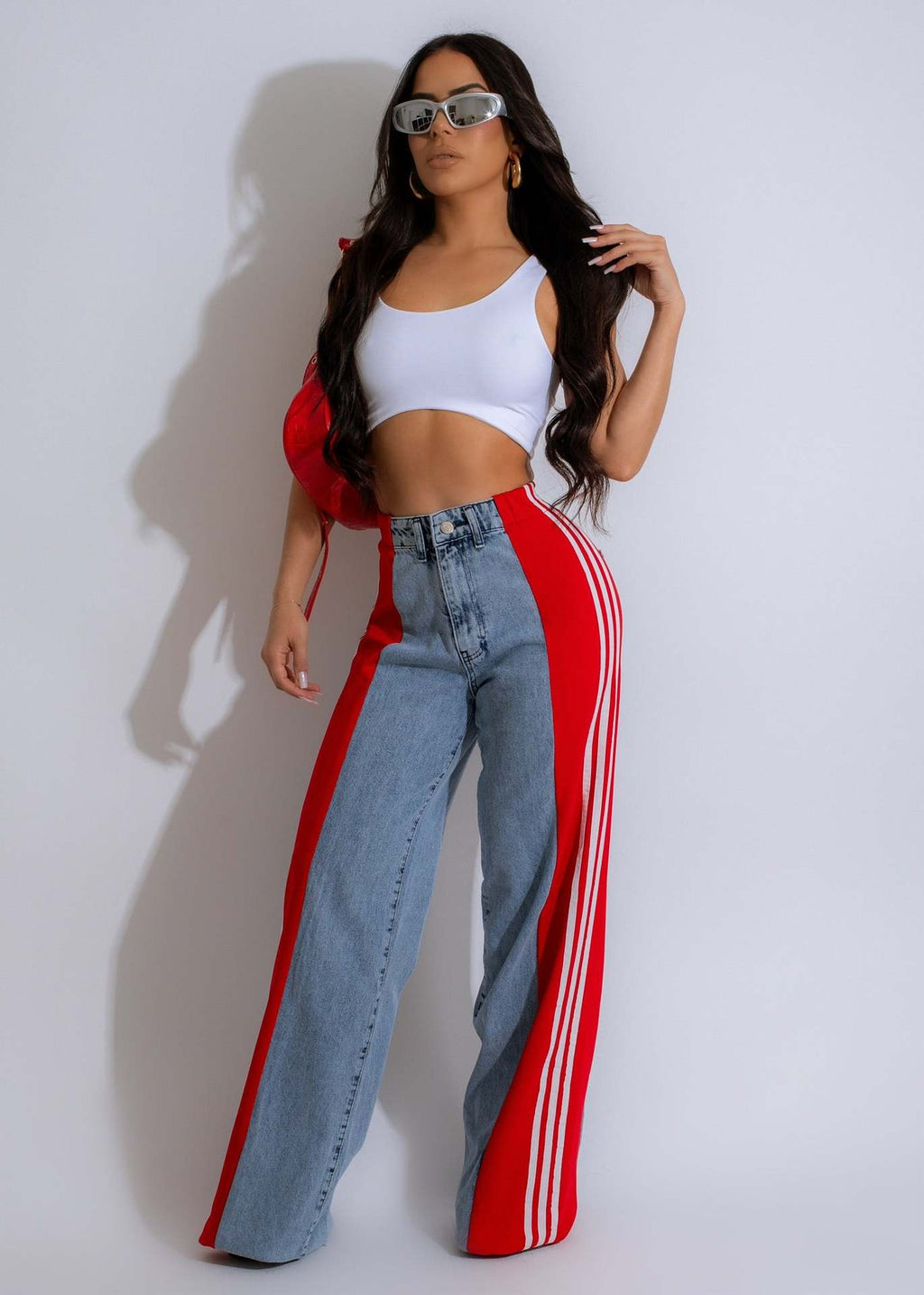 Three-striped wide-leg denim trousers Casual high-waist stretch straight trousers