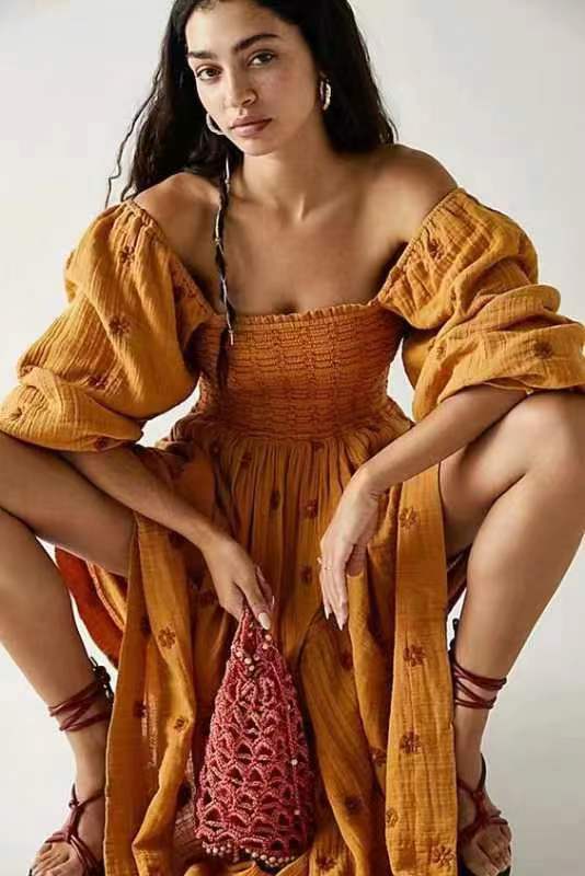 Trumpet sleeve embroidered square neck sunflower swing dress