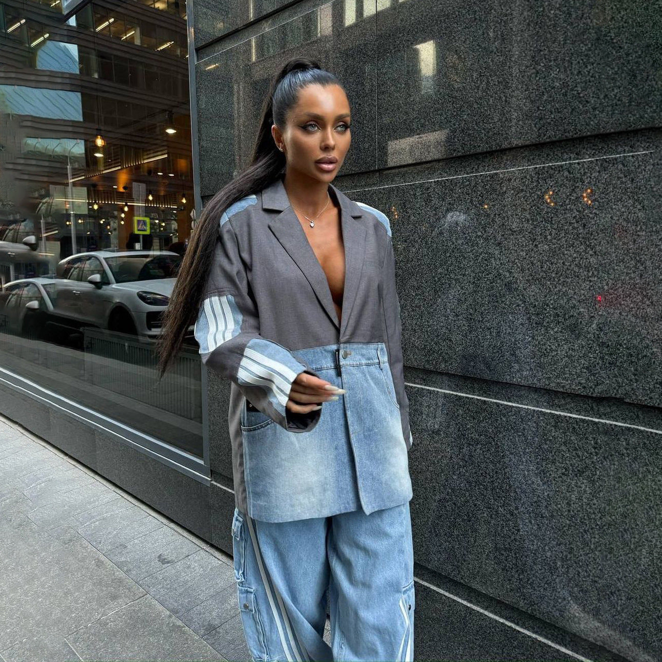 Street hip-hop style suit patchwork denim jacket