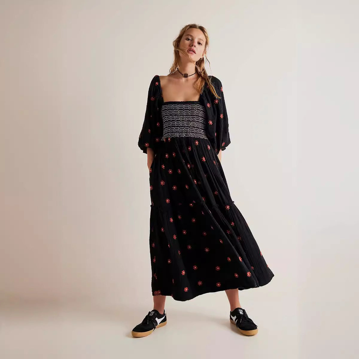 Trumpet sleeve embroidered square neck sunflower swing dress