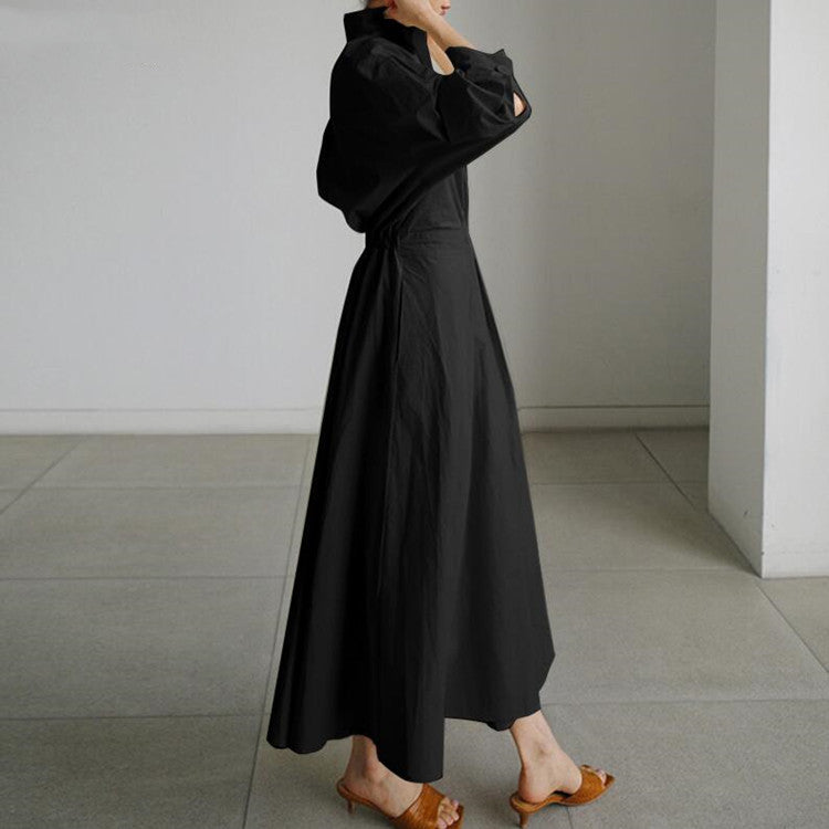 Commuter cotton and linen solid color lapel/POLO collar shirt sleeves elastic waist wide swing dress