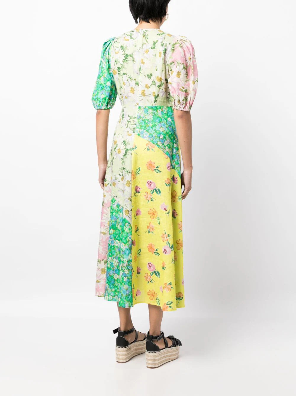 Printed puff sleeves elegant slim-fitting swing dress
