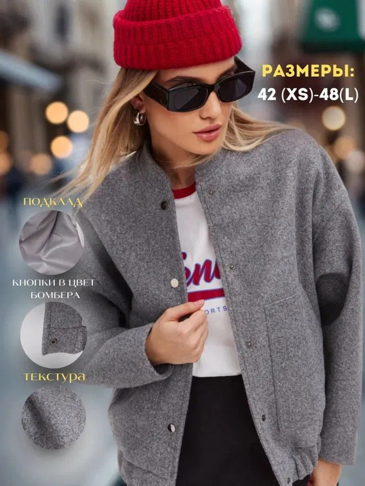 Simple and versatile loose bomber women jacket with pockets