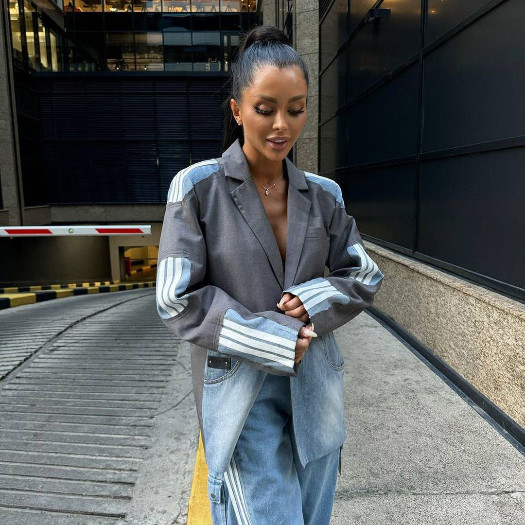 Street hip-hop style suit patchwork denim jacket