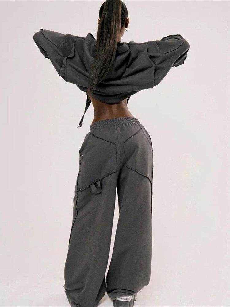 Sporty style zipper hooded sweatshirt suit straight wide-leg pants two-piece suit