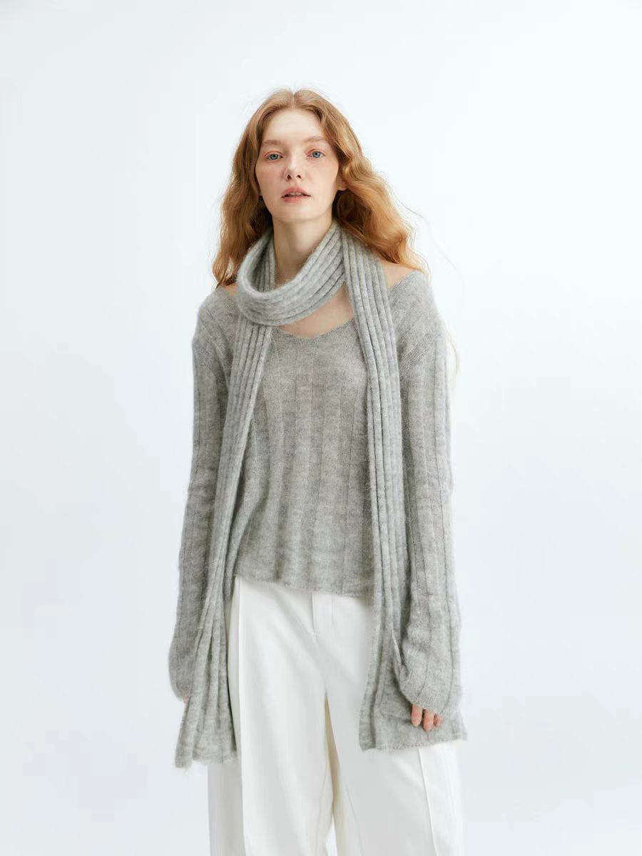 Striped ribbed knitted scarf sweater two-piece set