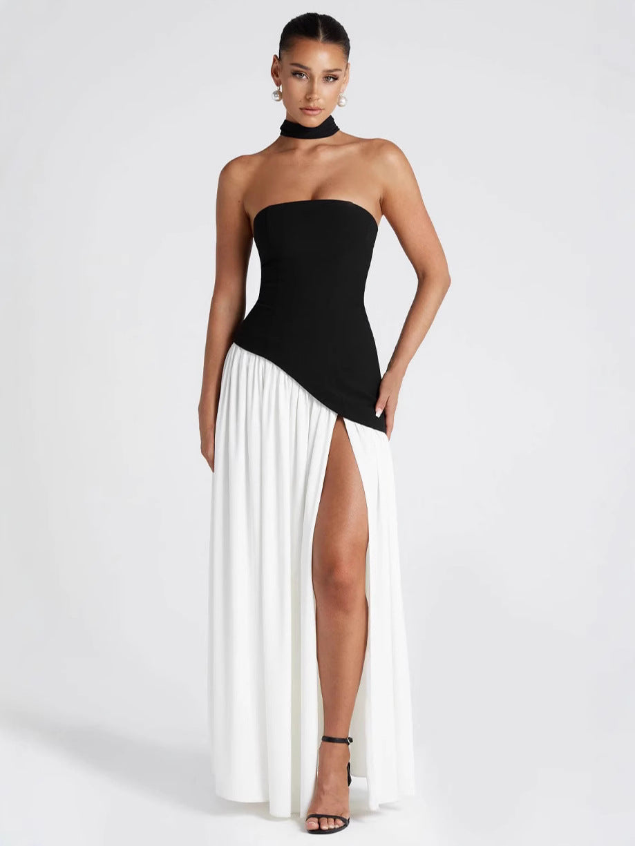 Tube Top Solid Color Slit Dress Fashion Sexy Backless High Slit Long Dress