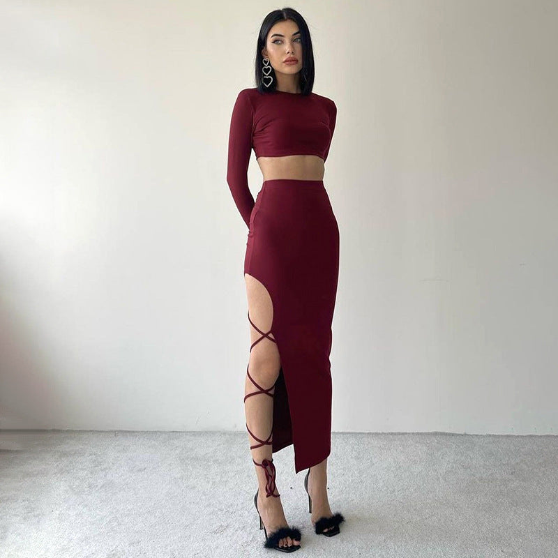 Solid Color Long Sleeve Round Neck Top Slim Fit Tie Skirt Set