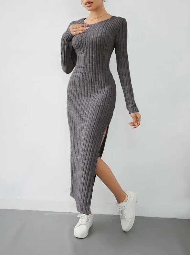 Long Sleeve Round Neck Slit Knit Long Dress
