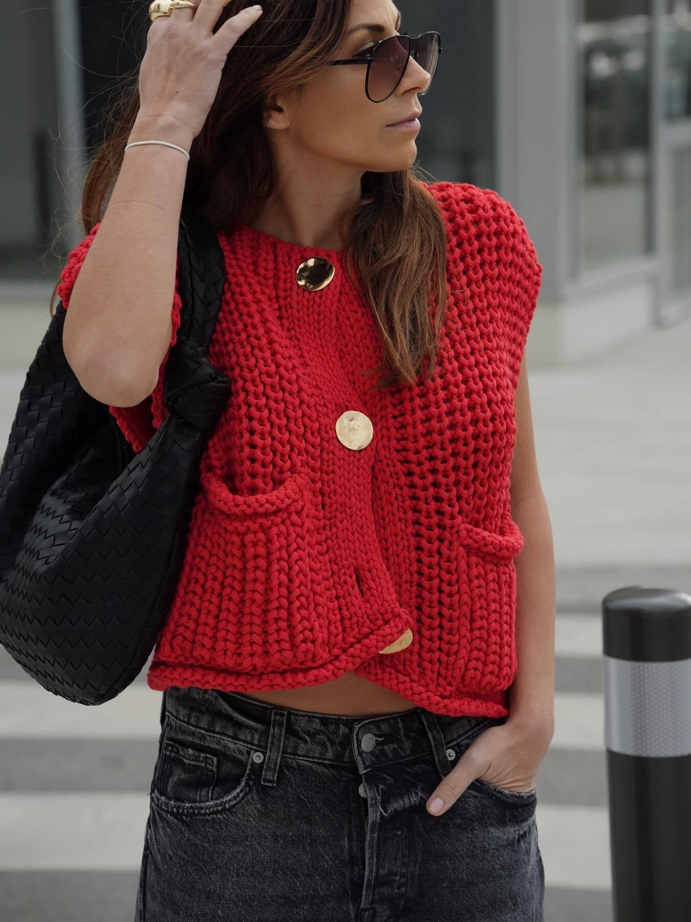 Spring autumn women's clothing pocket sleeveless short knitted cardigan Vest
