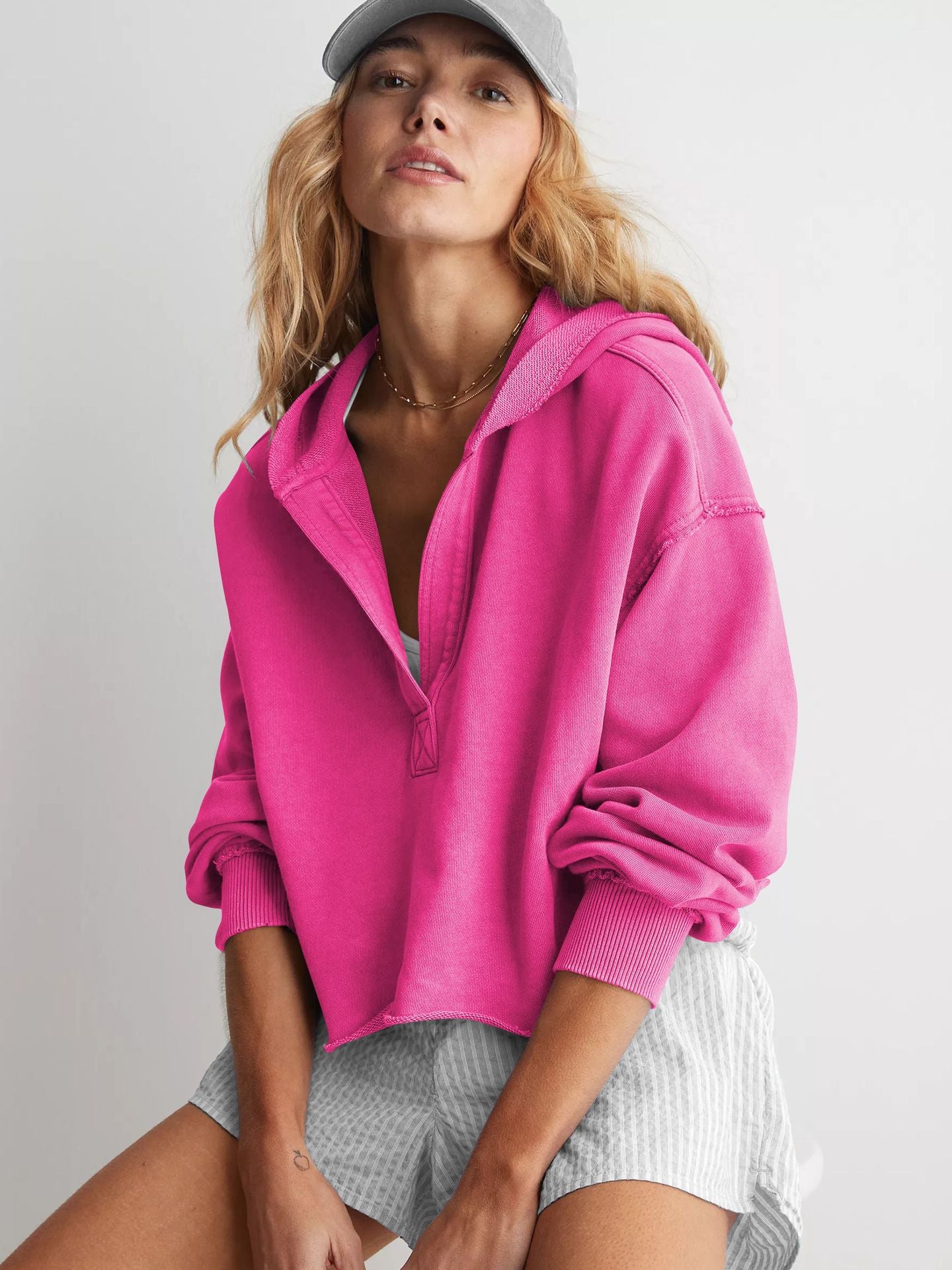 Hooded Half-Open Collar Solid Color Loose Sweatshirt
