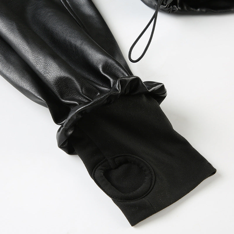 Solid color PU leather hooded long sleeve pleated short zipper loose street cardigan jacket