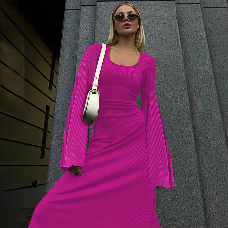 Arabic Loose U-neck Back Tie Long Sleeve Dress