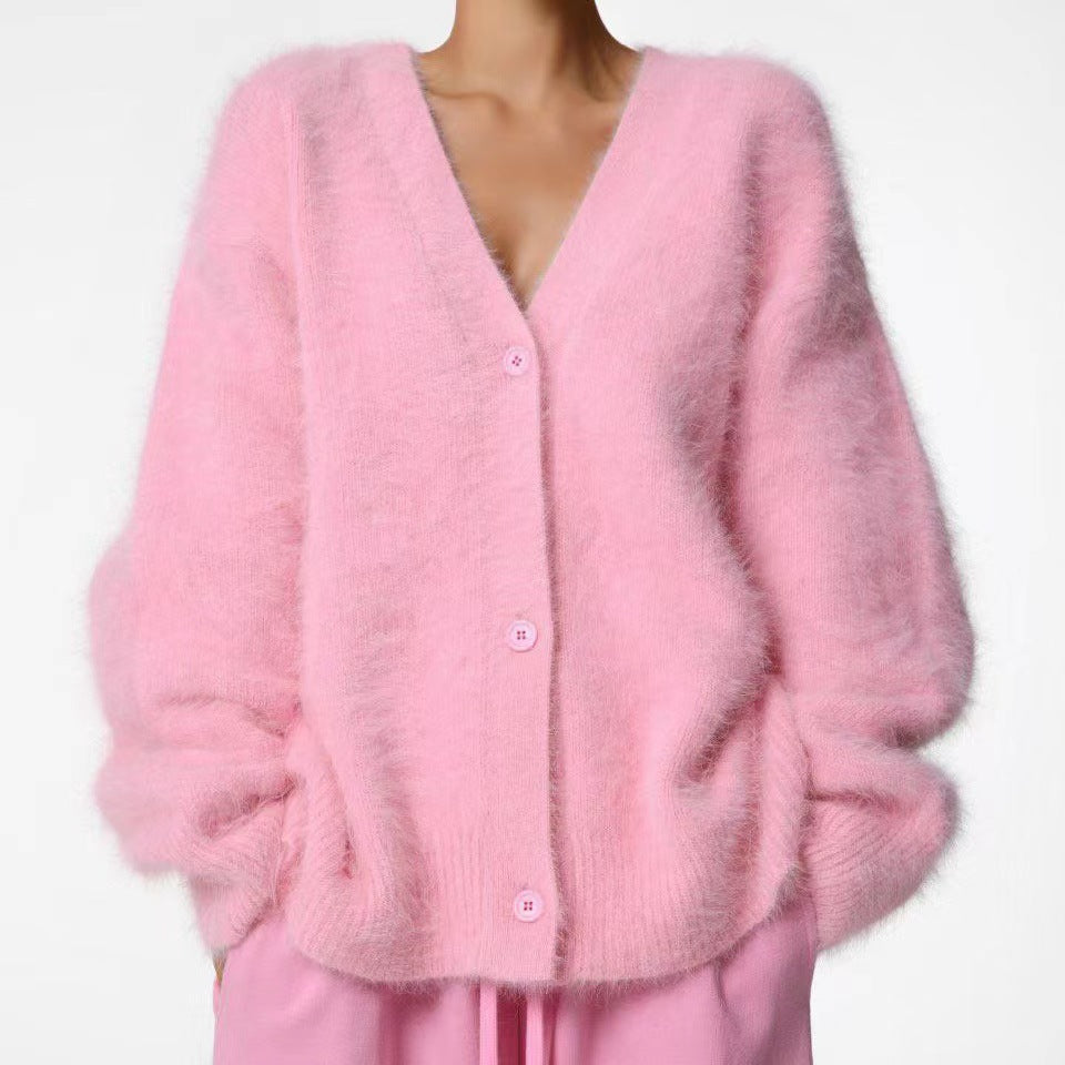 Spring autumn imitation mink cardigan women lazy style loose sweater coat soft long sleeve