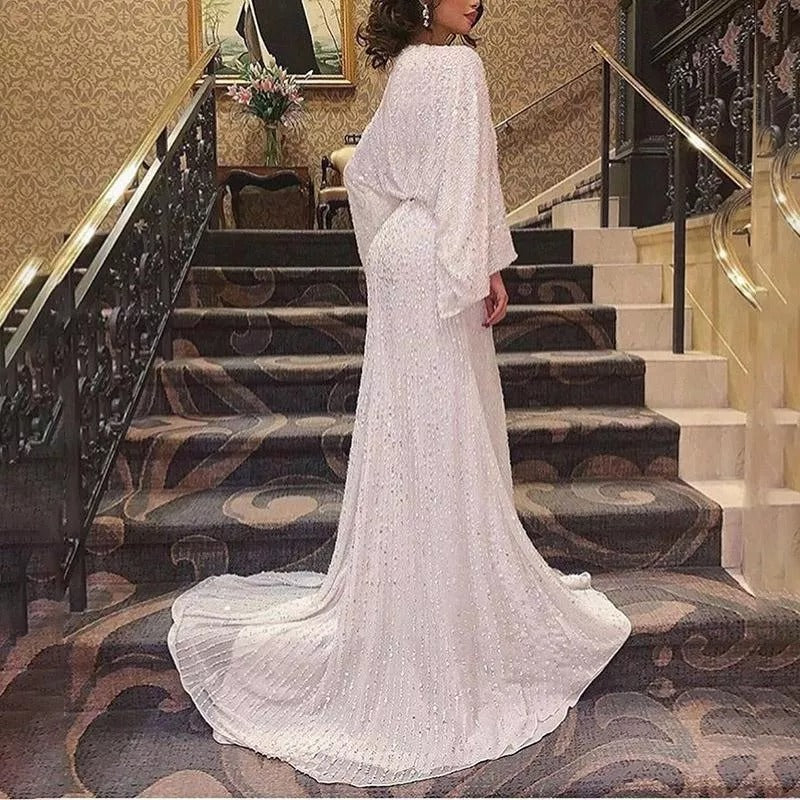 V-neck floor-length long-sleeved sequined fishtail banquet elegant long dress