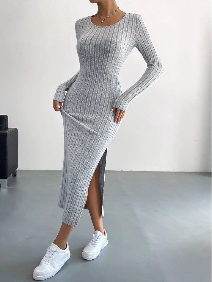 Long Sleeve Round Neck Slit Knit Long Dress