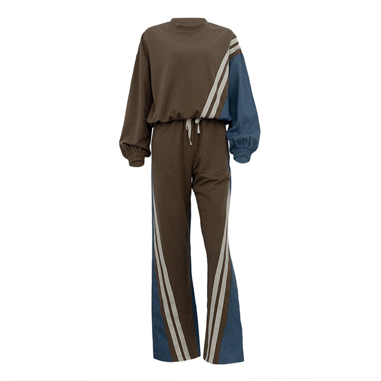Sporty style contrast color striped sweatshirt pullover top drawstring trousers two-piece set