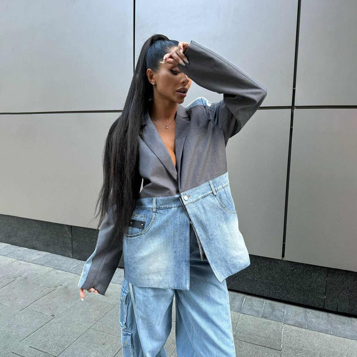 Street hip-hop style suit patchwork denim jacket