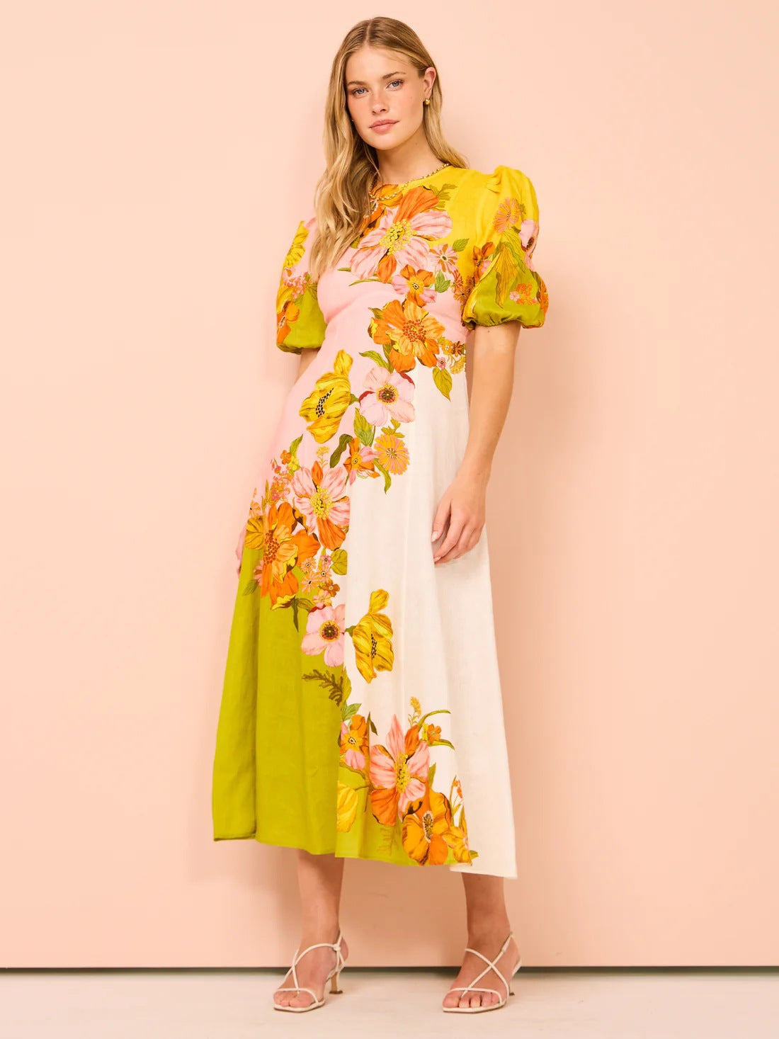 Printed puff sleeves elegant slim-fitting swing dress