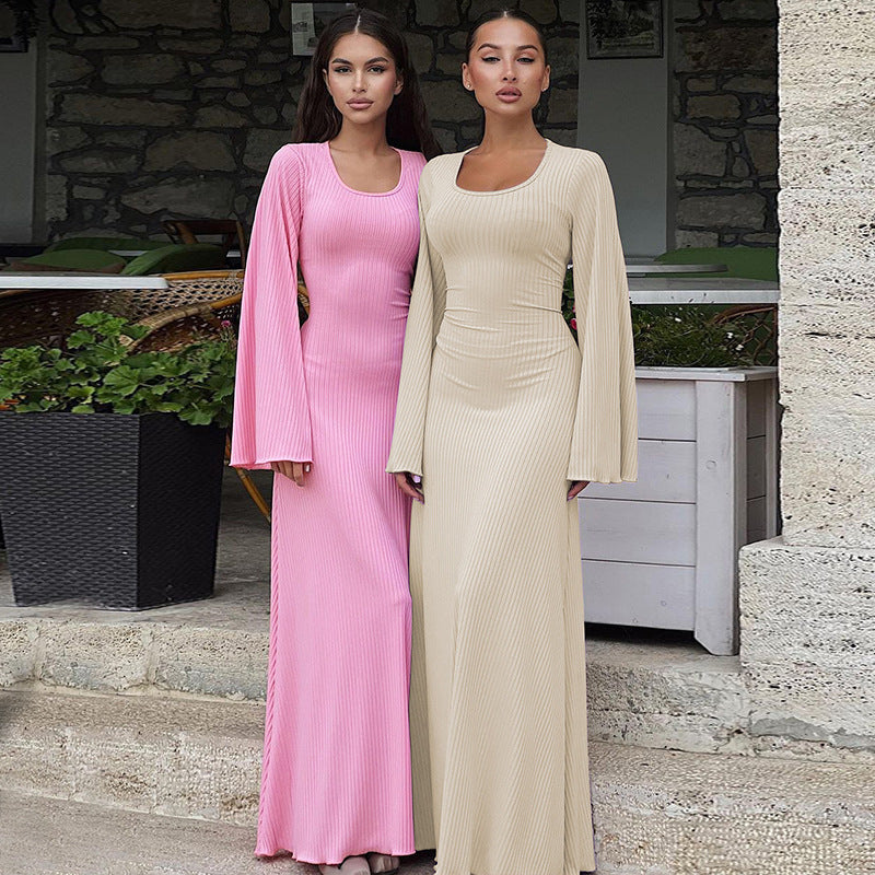 Arabic Loose U-neck Back Tie Long Sleeve Dress