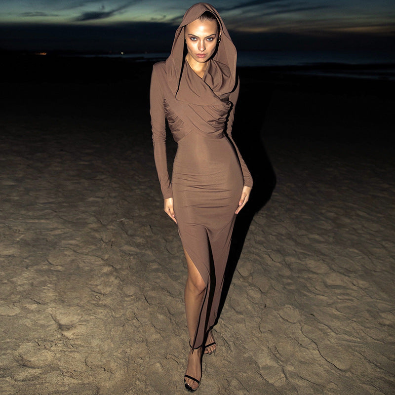 Solid Color Hooded Long Sleeve Side Slit Long Dress
