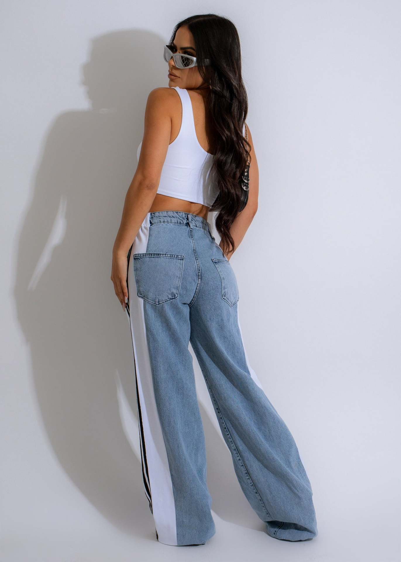 Three-striped wide-leg denim trousers Casual high-waist stretch straight trousers