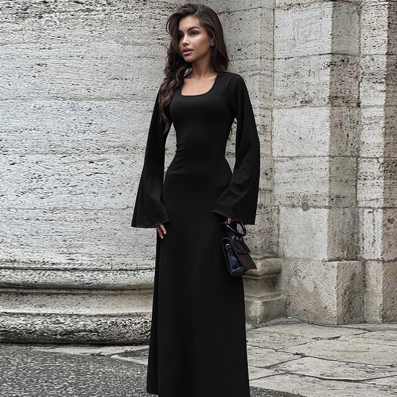 Arabic Loose U-neck Back Tie Long Sleeve Dress