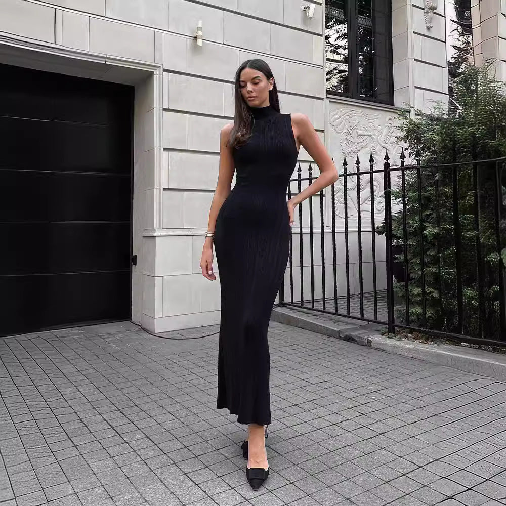 Knitted Turtleneck Sleeveless Bodycon Midi Elegant French Dress