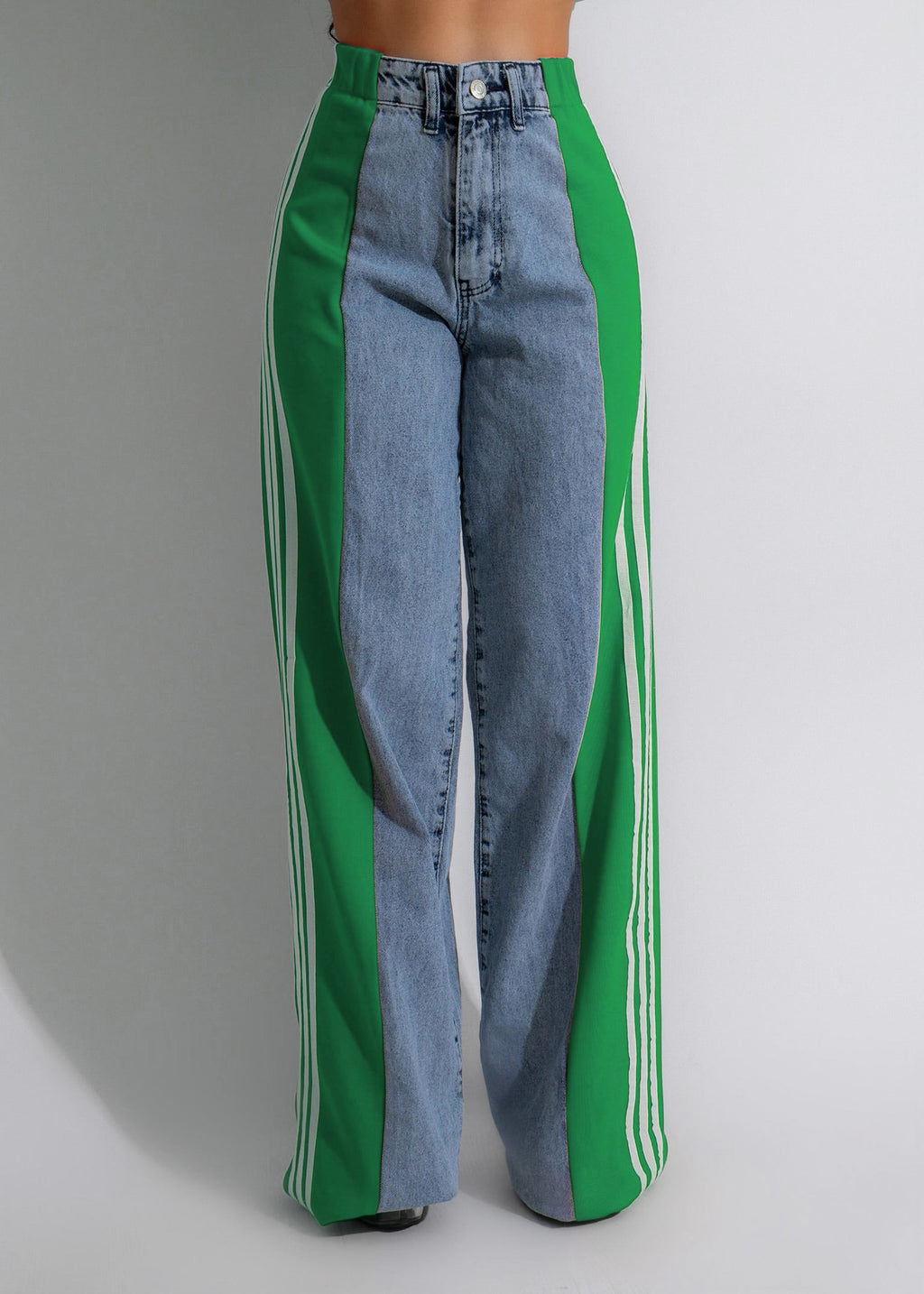 Three-striped wide-leg denim trousers Casual high-waist stretch straight trousers