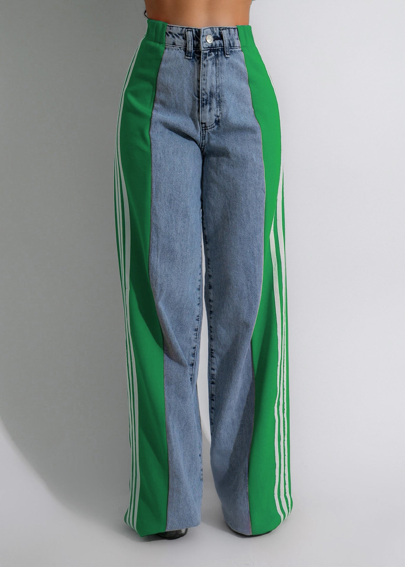 Three-striped wide-leg denim trousers Casual high-waist stretch straight trousers