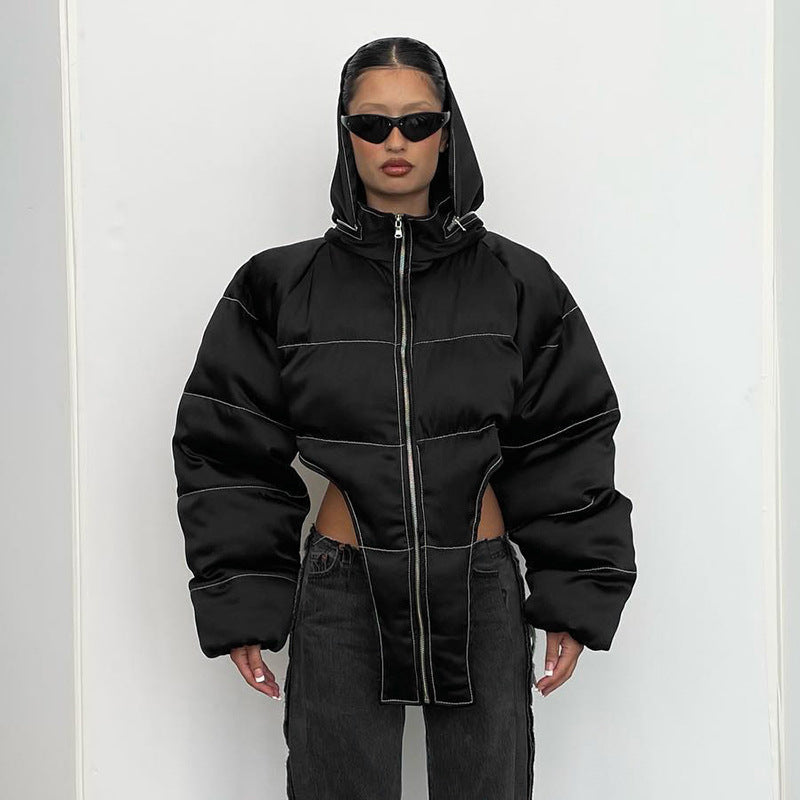 New winter solid color lapel V-shaped hem fashionable cotton coat