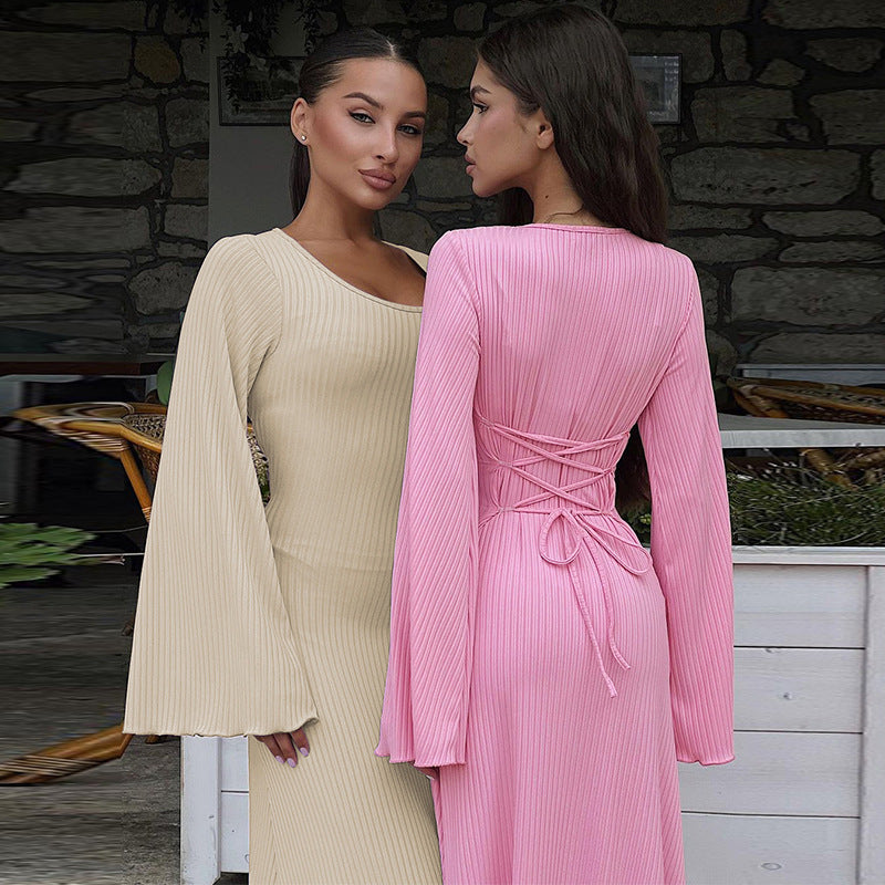 Arabic Loose U-neck Back Tie Long Sleeve Dress