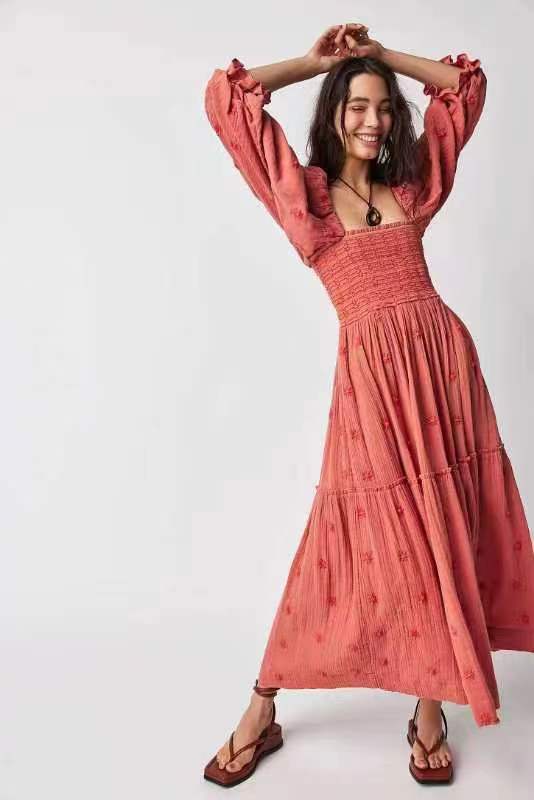 Trumpet sleeve embroidered square neck sunflower swing dress